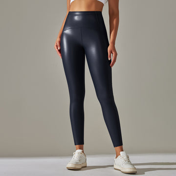 PU leather pants high waist running fitness yoga pants