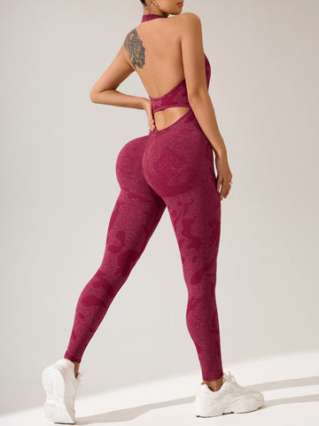 Seamless Camouflage Jacquard Neck Yoga Jumpsuit S224