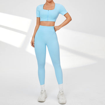 New Seamless Solid Color Zipper Square Neck Yoga Fitness Set S240/S241