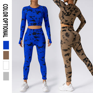 Seamless Tie-dye Sports Long-sleeved Hip-lifting Yoga Pants Fitness Set MY039