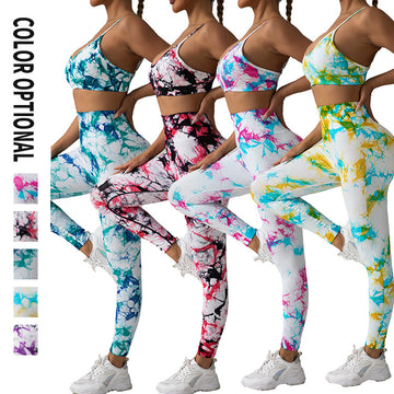 Seamless Tie-dye Adjustable Shoulder Strap Bra Hip-lifting Leggings Set MY051